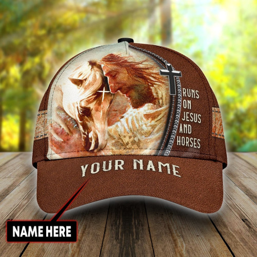 Personalized Name Rodeo Runs On Jesus And Horses Brown 3D Cap & Hat, 3D Baseball Cap, Classic Cap