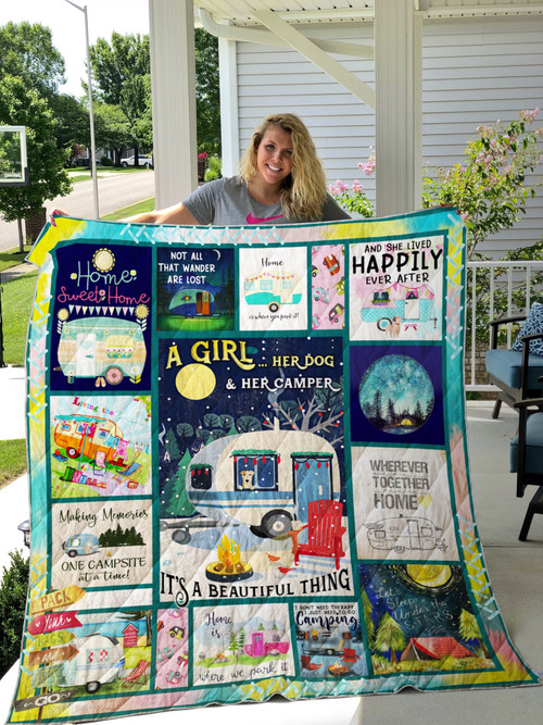 A Girl Her Dog And Her Camper It's Beautiful Thing Quilt Blanket