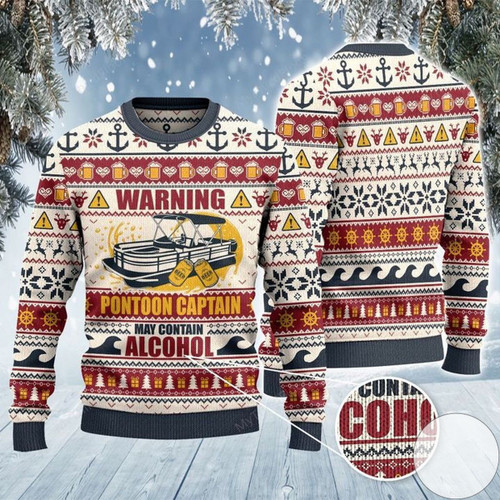 Warning Pontoon Captain May Contain Alcohol For Unisex Ugly Christmas Sweater, All Over Print Sweatshirt