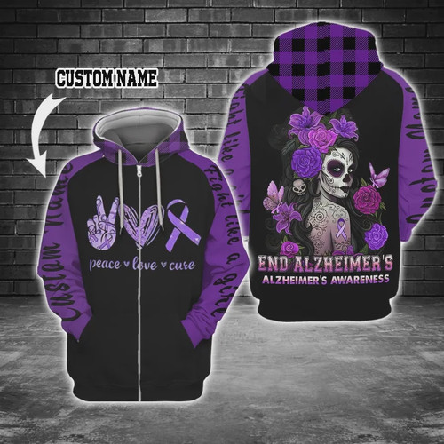 Personalized End Alzheimer's, Alzheimer's Awareness Custom Name 3D All Over Print Hoodie, Zip-up Hoddie