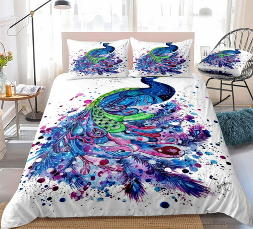 Peacock With Watercolor Bedding Set Bed Sheets Spread  Duvet Cover Bedding Sets