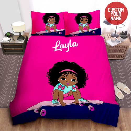 Little Melanin Queen Black Girl Magic Little Girl With Puff Afro Ponytails Skating Custom Name Duvet Cover Bedding Set
