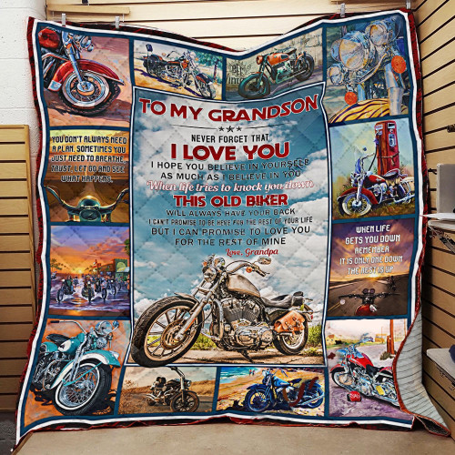 Personalized Biker To My Grandson From Grandpa Never Forget How Much I Love You Quilt Blanket Great Customized Gifts For Birthday Christmas Thanksgiving