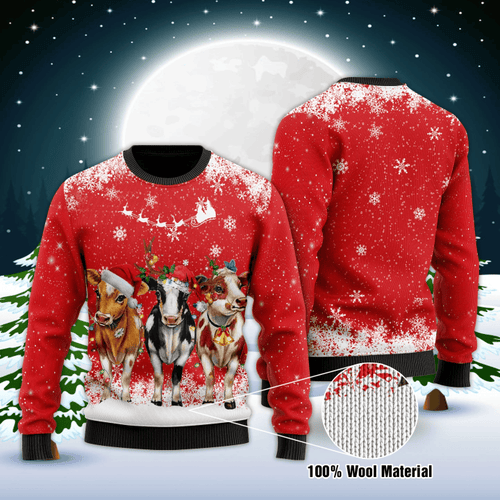 Three Cows Christmas Red Color Ugly Christmas Sweater