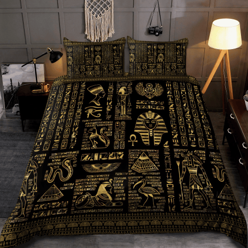 Egyptian Hieroglyphs And Deities On Black Juneteenth Duvet Cover Bedding Set