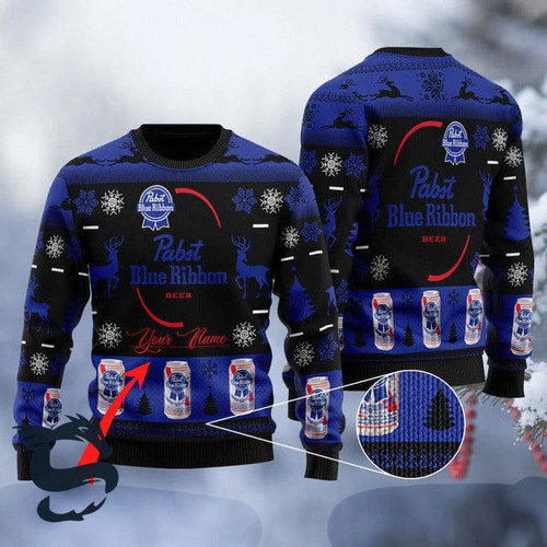 Personalized Black Pabst Blue Ribbon Ugly Christmas Sweater