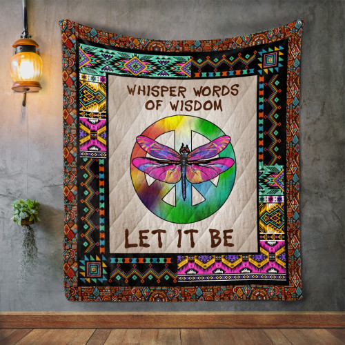 Dragonfly Hippie Peace Symbol Let It Be Quilt Blanket Great Customized Gifts For Birthday Christmas Thanksgiving Perfect Gifts For Dragonfly Lover
