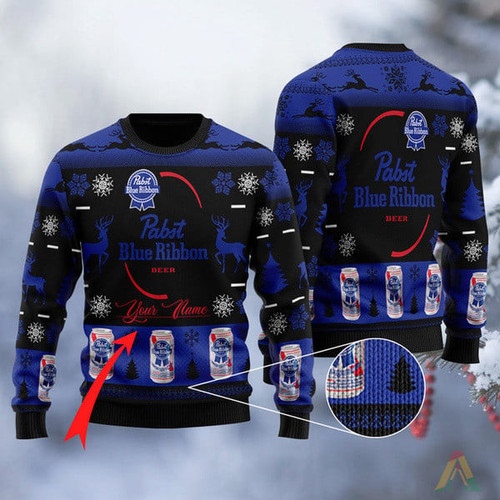 Personalized Black Pabst Blue Ribbon Ugly Christmas Sweater
