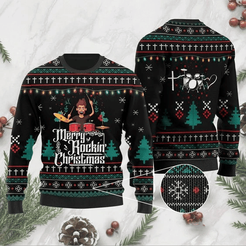 Drummer Merry Rockin' Christmas Ugly Christmas Sweater, All Over Print Sweatshirt