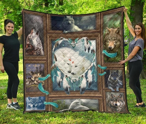 White Wolf Lover Heart Made From Dreamcatcher Quilt Blanket Great Customized Blanket Gifts For Birthday Christmas Thanksgiving