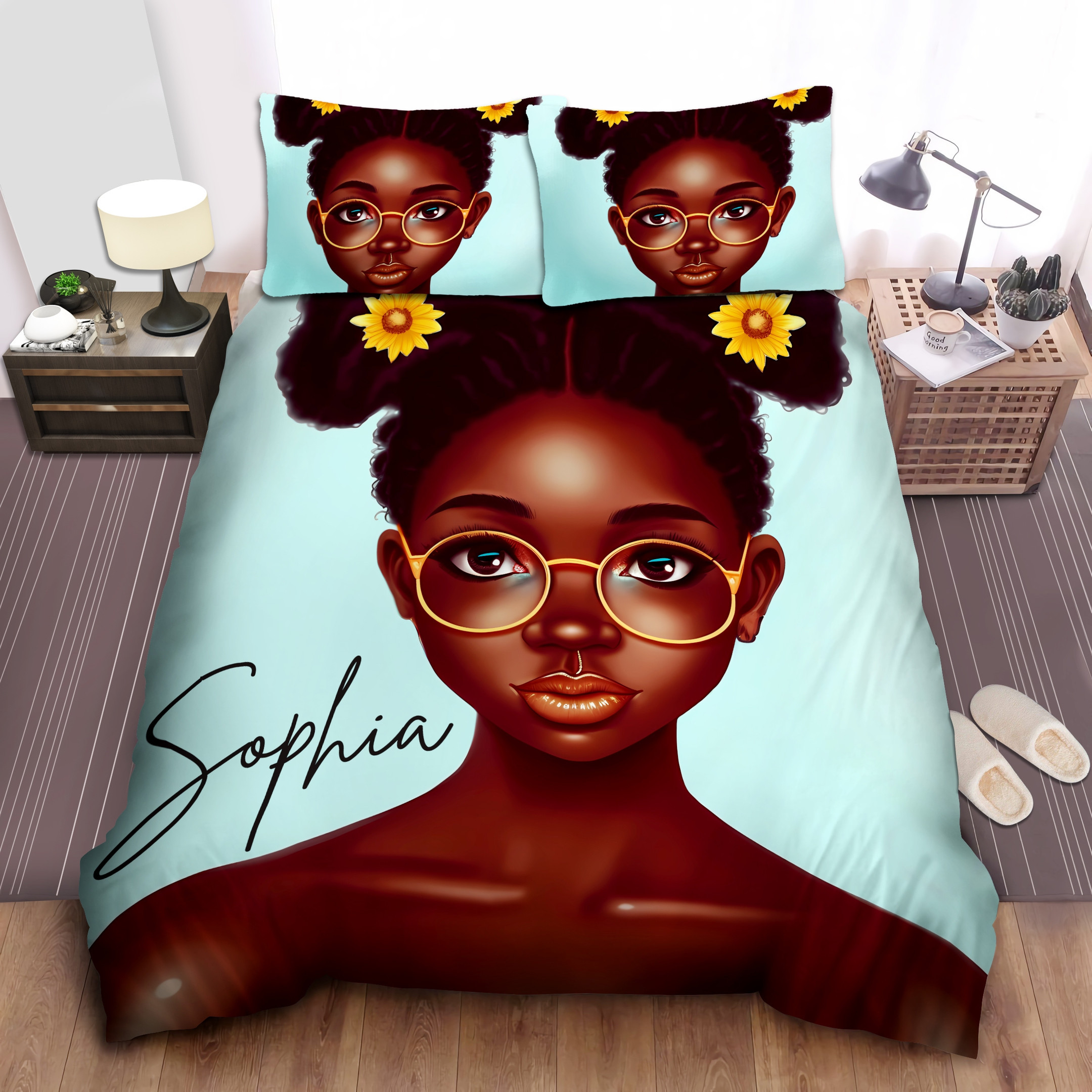 Personalized Black Girl With Glasses And Sunflowers On Her Hair Duvet Cover Bedding Set