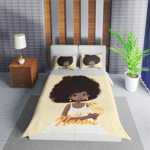 Personalized Black Little Girl Gorgeous Afro With Duck Duvet Cover Bedding Set