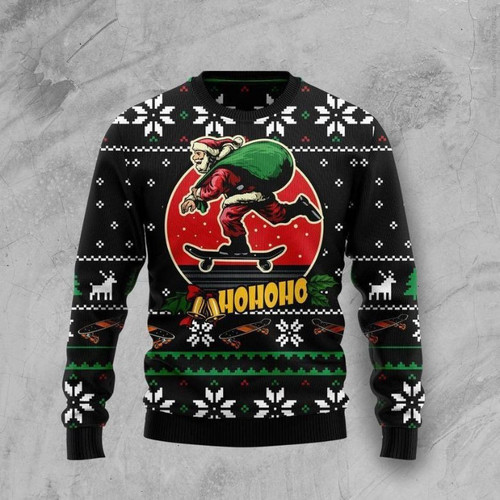 Santa Claus Skateboard All Over Printed Ugly Sweater