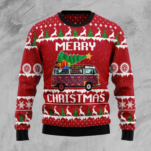 Hippie Car Merry Christmas For Unisex Ugly Christmas Sweater, All Over Print Sweatshirt