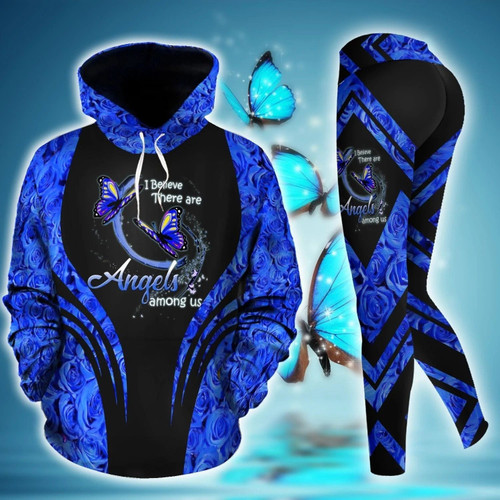 Butterfly Rose Blue And Black 3D Hoodie Legging Set Combo