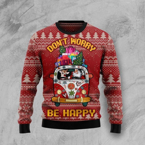 Car Don't Worry Be Happy Ugly Christmas Sweater, All Over Print Sweatshirt