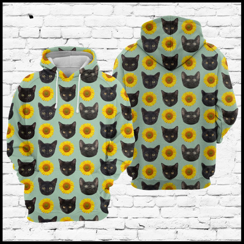 Black Cat and Sunflower 3D All Over Print Hoodie, Zip-up Hoodie