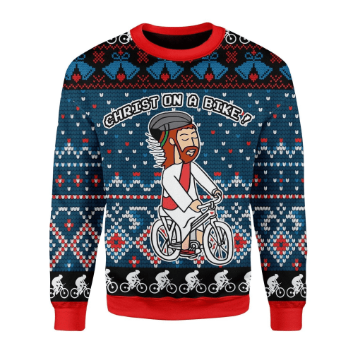 Jesus Riding Bicycle Christmas Ugly Christmas Sweater, All Over Print Sweatshirt