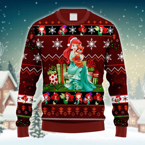 Xmas Little Ariel Mermaid Red Brown Ugly Christmas Sweater