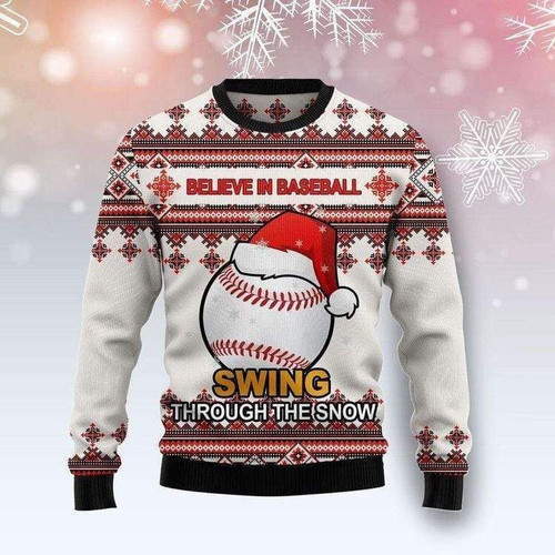 Believe In Baseball Swing Through The Snow Ugly Christmas Sweater