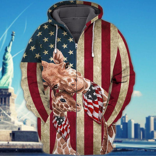 Giraffes Momy And Baby USA Flag Unisex 3D All Over Print Hoodie, Zip Up Hoodie
