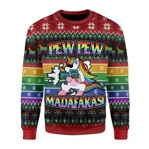 Unicorn LGBT Pew Pew Ugly Christmas Sweater, All Over Print Sweatshirt