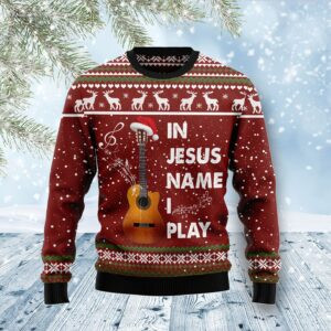 In Jesus Name , I Play Guitar For Unisex Ugly Christmas Sweater, All Over Print Sweatshirt