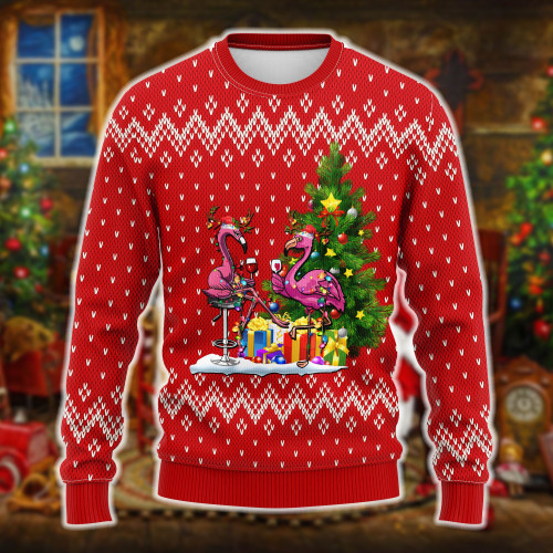 Couple Flamingo And Wine Ugly Christmas Sweater, All Over Print Sweatshirt
