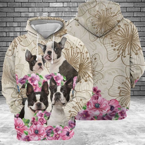 Boston Terrier Flower For Unisex 3D All Over Print Hoodie, Zip-up Hoodie