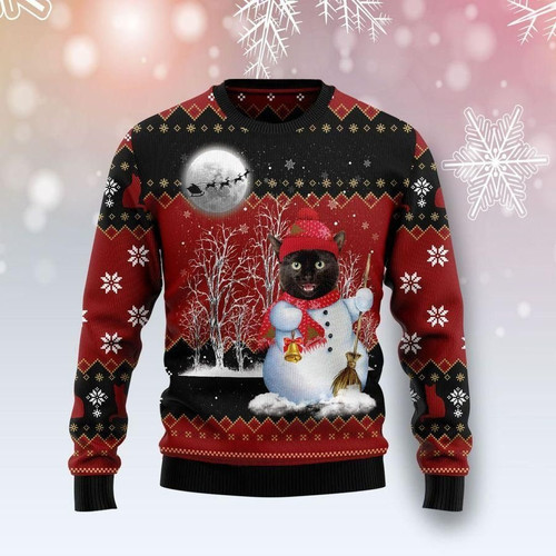 Happy Black Cat Snowman Ugly Christmas Sweater