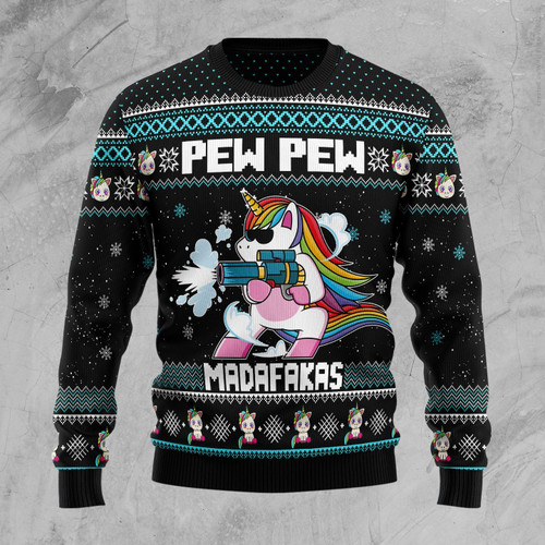 Unicorn Pew Pew Ugly Christmas Sweater, All Over Print Sweatshirt