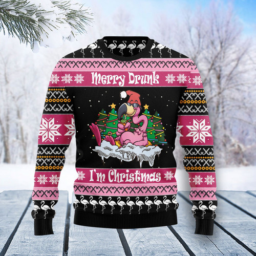 Flamingo Merry Drunk Christmas Ugly Christmas Sweater, All Over Print Sweatshirt