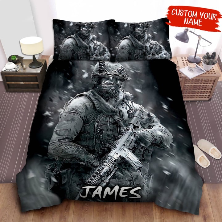 Personalized Us Soldier In Black & White Illustration Bed Sheets Spread  Duvet Cover Bedding Sets