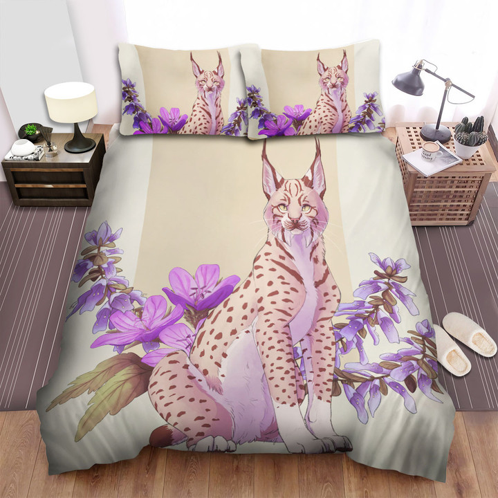 The Wildlife - The Lynx And Purple Flowers Bed Sheets Spread Duvet Cover Bedding Sets