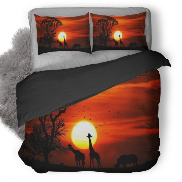 3d Giraffe Rhino At Sunset Red Sky Tree Forest Nature Bedding Set (Duvet Cover & Pillow Cases)