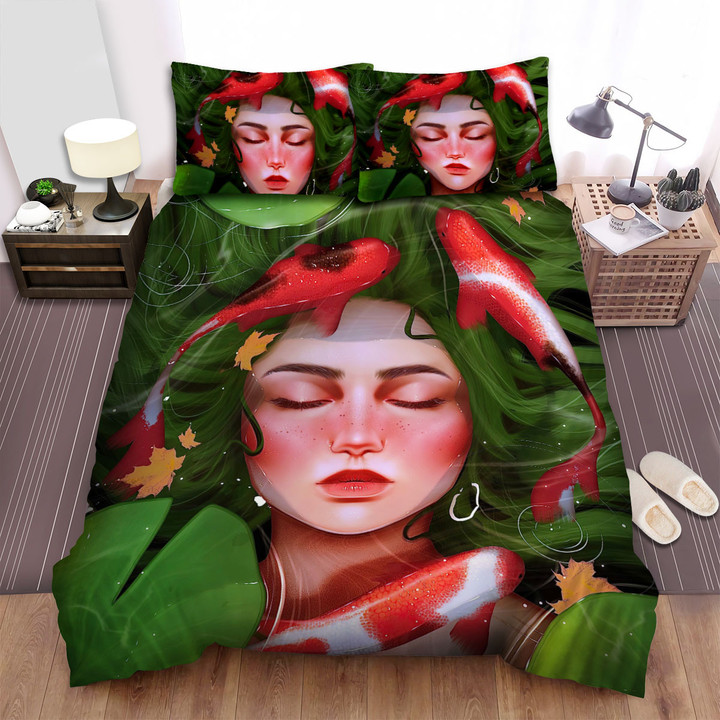 The Fish From Japan - The Green Hairs Girl Floating Beside The Koi Fish Bed Sheets Spread Duvet Cover Bedding Sets