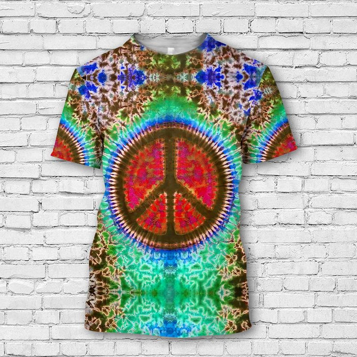 Hippie Heart Pattern Unisex 3D T-shirt, Hippie Style Peace Love Live Gift All Over Print Shirt