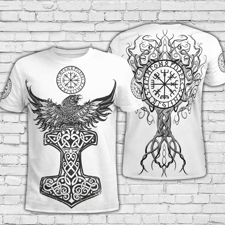 Viking Raven Unisex 3D T-shirt, Viking Tree Yggdrasil Viking Compass Gift All Over Print Shirt