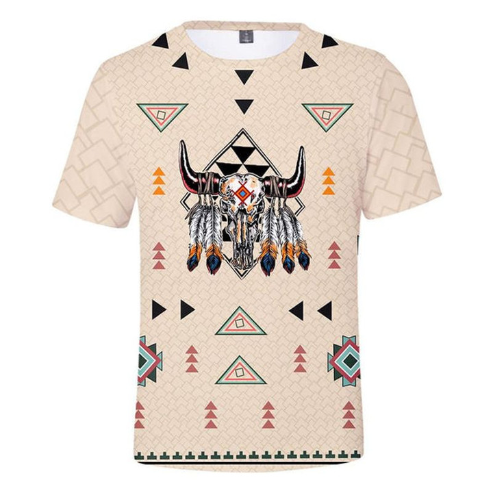 Native American Feather Bison Skull Unisex 3D T-shirt, Indian Men Gift All Over Print Shirt