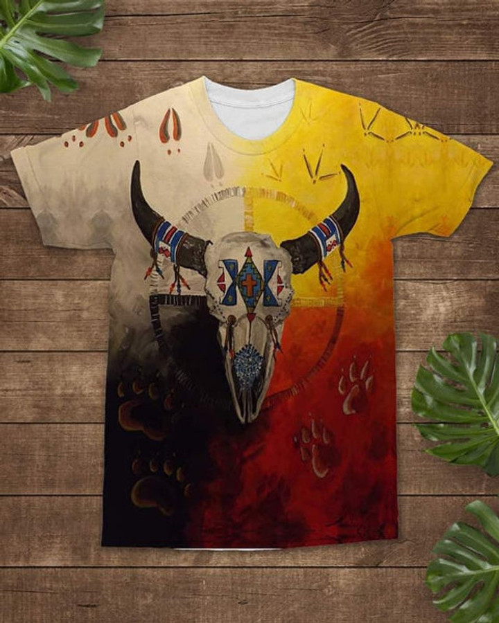 Bison Buffalo Native American Flag Background Unisex 3D T-shirt, American Indian History Lover Gift All Over Print Shirt