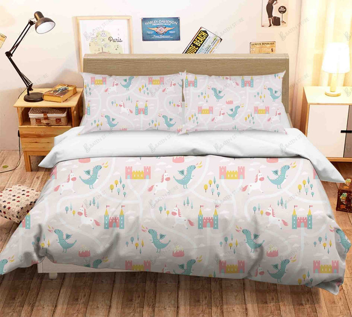 3d Dinosaur and Unicorn Castle Bed Sheets Duvet Cover Bedding Set Great Gifts For Birthday Christmas Thanksgiving