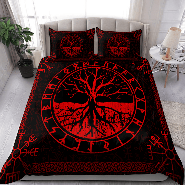 Viking Tree Of Life Yggdrasil Vegvisir Red Duvet Cover Bedding Set