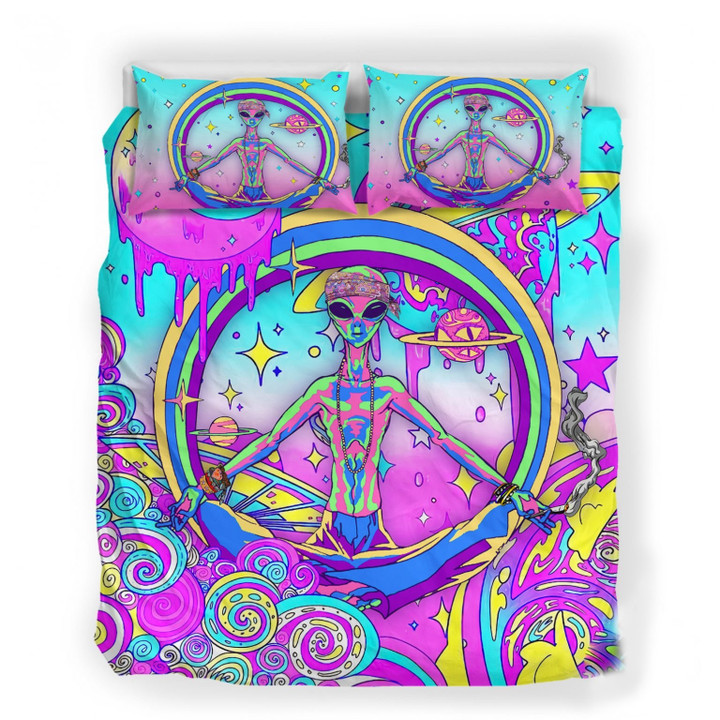 Hippie Alien Come In Peace Trippy Universe  Bed Sheets Spread  Duvet Cover Bedding Sets