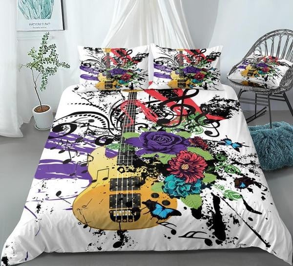 Colorful Guitar Flowers Butterflies  Bed Sheets Spread  Duvet Cover Bedding Sets
