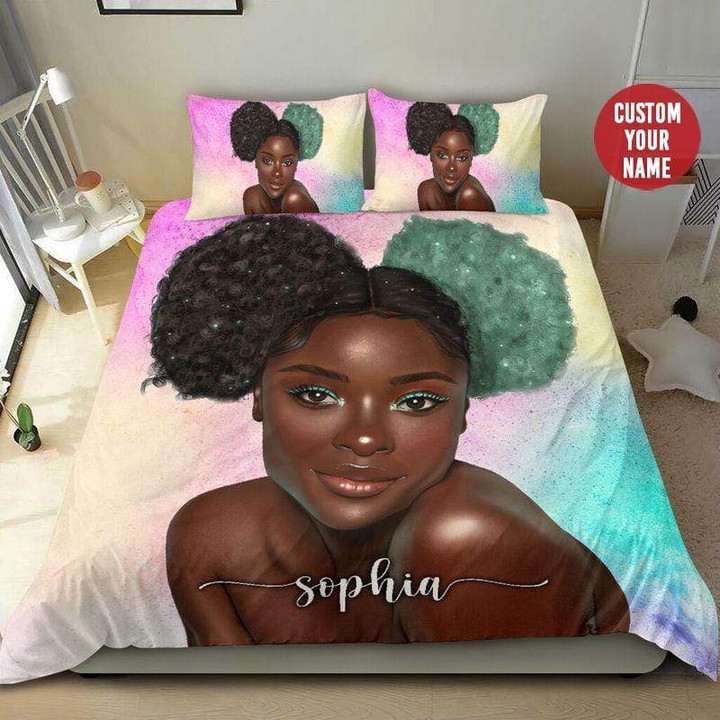 Personalized Black Girl With Blue & Black Afro Cotton Bed Sheets Spread Comforter Duvet Cover Bedding Sets Perfect Gifts For Daughter Girlfriend Wife