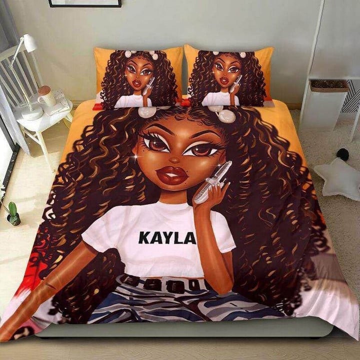 Personalized Cool Black Teen Girl Long Curly Hair  Bed Sheets Spread  Duvet Cover Bedding Sets Perfect Gifts For Daughter Girlfriend Wife