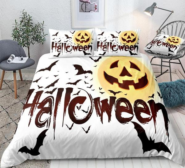 Halloween Bats Jack-O-Lantern Cotton Bed Sheets Spread Comforter Duvet Cover Bedding Sets