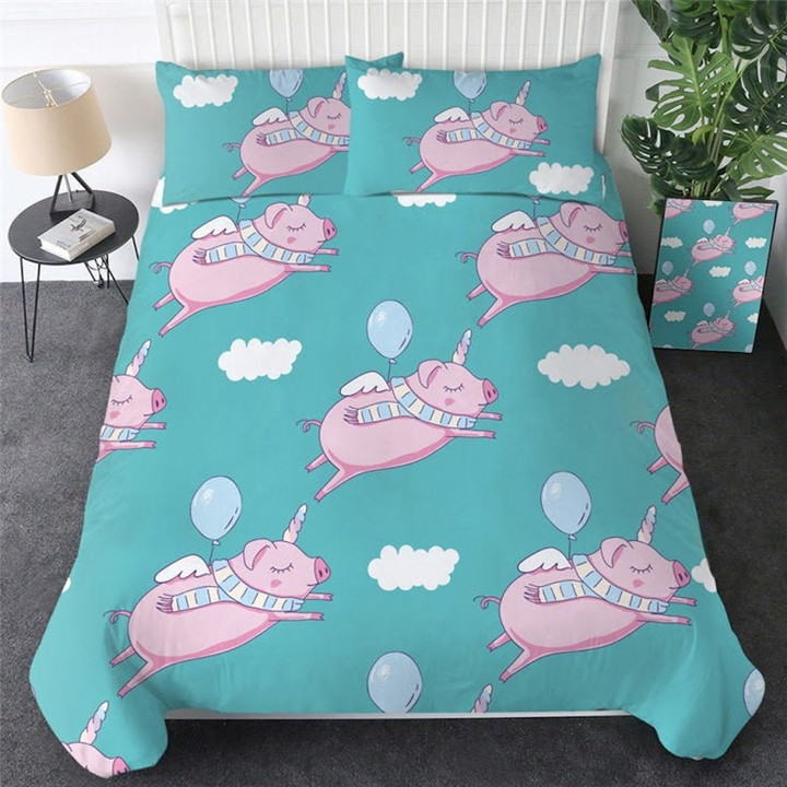 Sleeping Flying Pink Pig Piglet Pattern Cotton Bed Sheets Spread Comforter Duvet Cover Bedding Sets