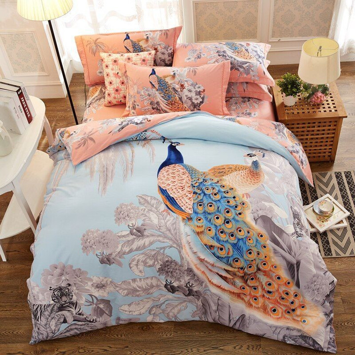 Peacock Cotton Bed Sheets Spread Comforter Duvet Cover Bedding Sets