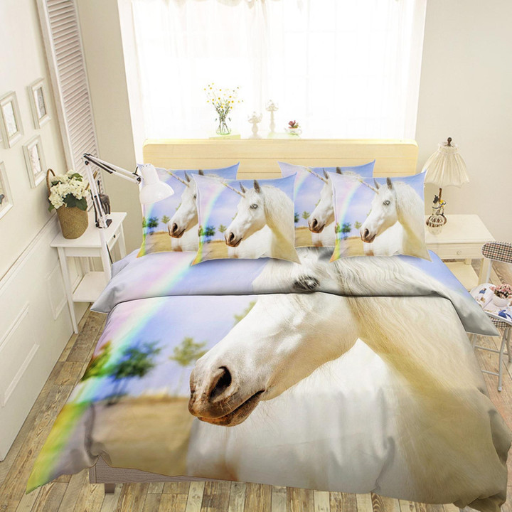 3D Rainbow And White Horse Bedding Set Bed Sheets Spread Comforter Duvet Cover Bedding Sets